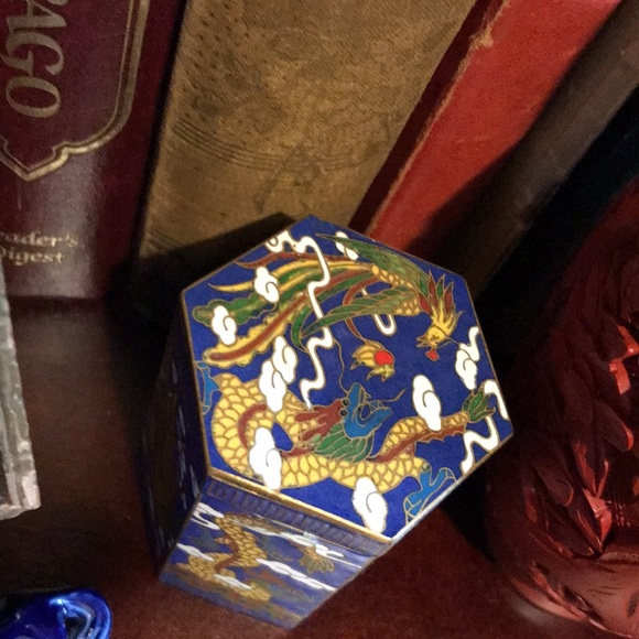 Vintage Cobalt Blue Cloisonné Hexagonal Brass Dragon Phoenix Tea Box - Picture 3 of 6